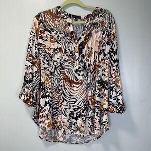 Ava & Grace Womens XL Animal Print Roll Tab Sleeve Lace Yoke Pleated Blouse Top
